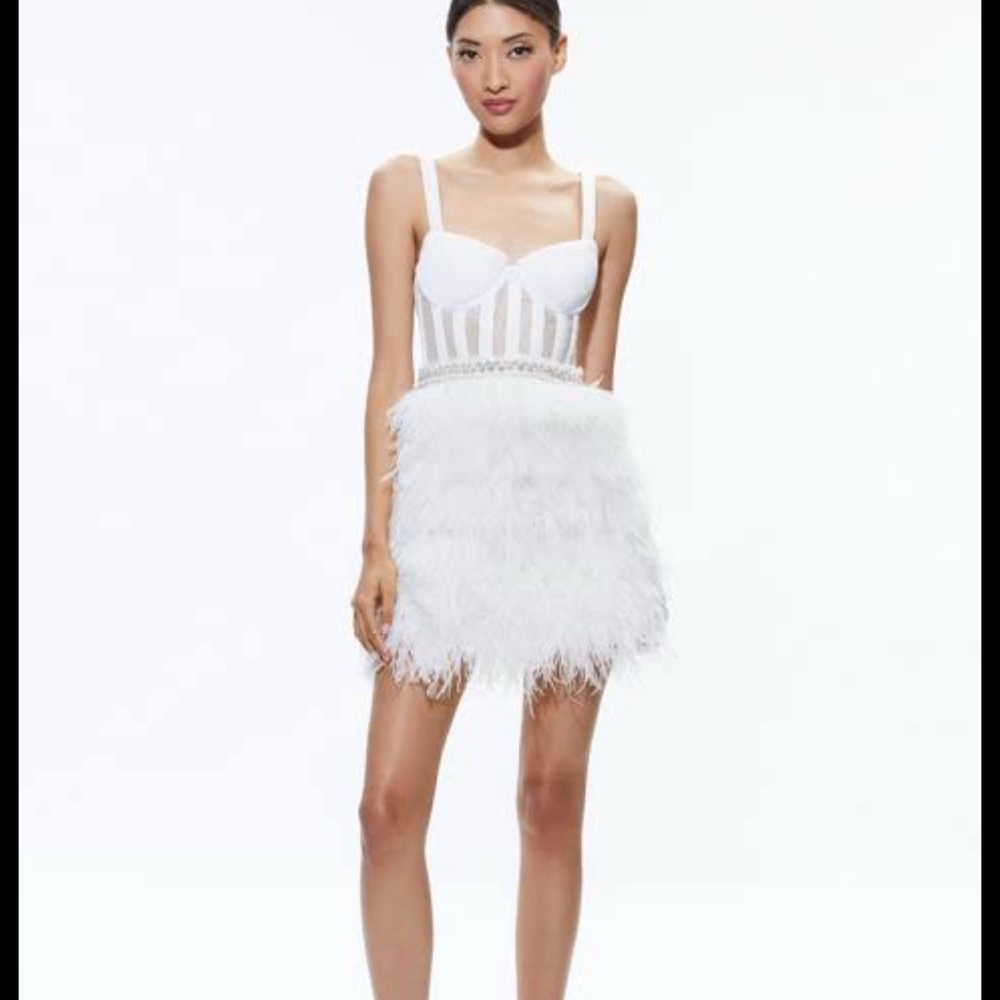 Alice + Olivia XIA White Bustier Ostrich Feather Lace Mini Dress Bride - Sz 4